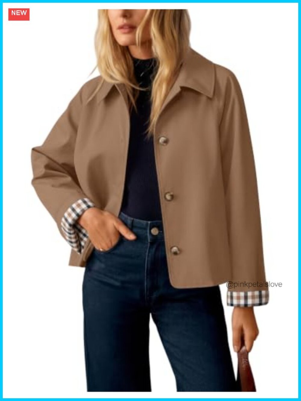 Cropped Trench Coat Plaid Button Front Lightweight Fall Jacket